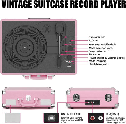 Turntable Record Player 3 Speeds with Built-In Stereo Speakers, Suitcase Design - Pink