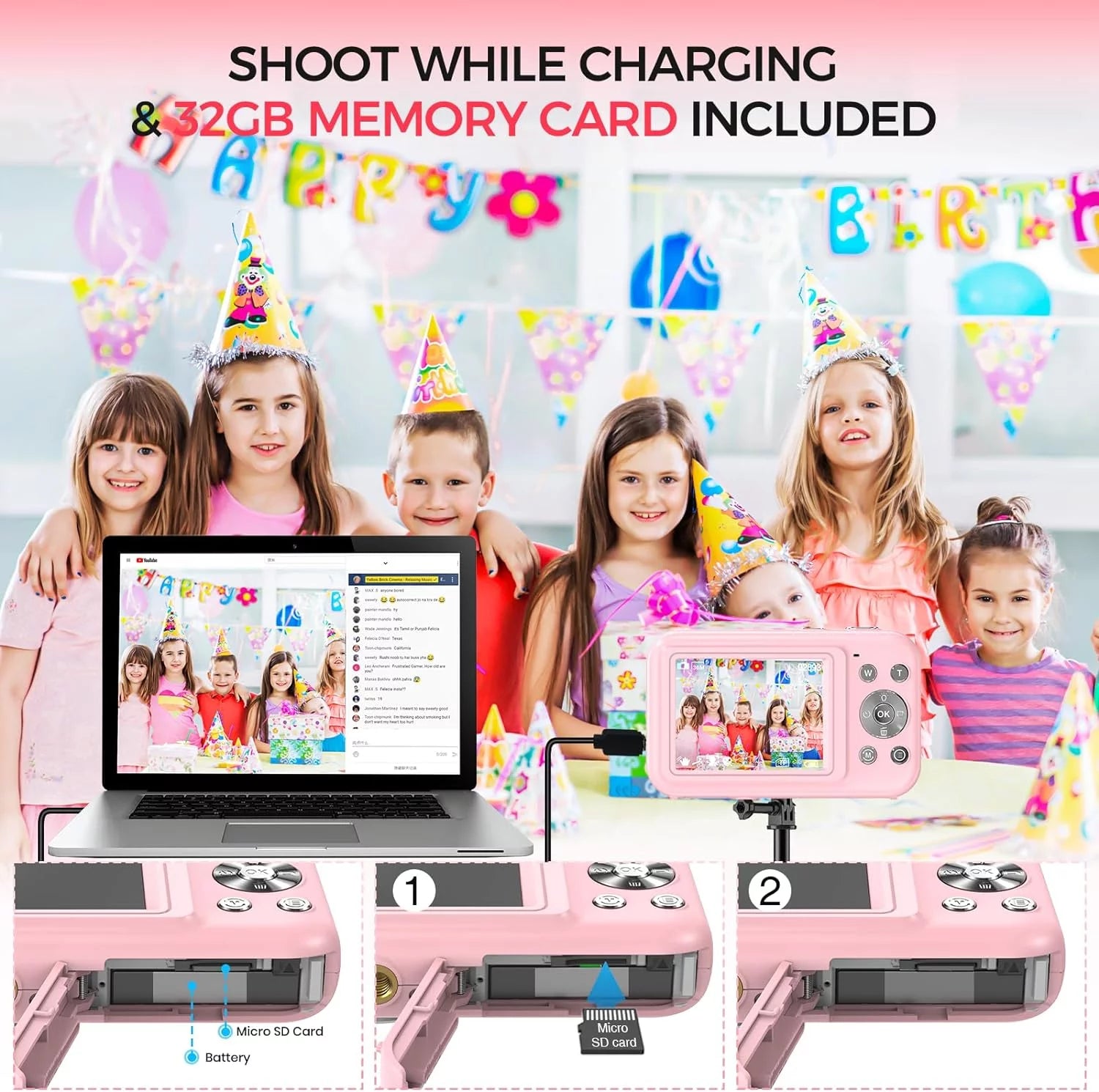 Kids Digital Camera with 32GB Card, FHD 1080P, 44MP Vlogging Capability, 16X Digital Zoom, Portable Design (Pink)