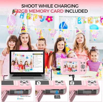 Kids Digital Camera with 32GB Card, FHD 1080P, 44MP Vlogging Capability, 16X Digital Zoom, Portable Design (Pink)