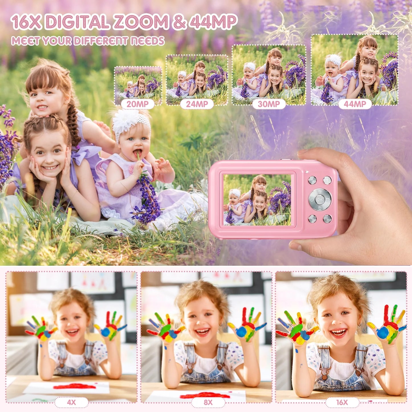 Kids Digital Camera with 32GB Card, FHD 1080P, 44MP Vlogging Capability, 16X Digital Zoom, Portable Design (Pink)