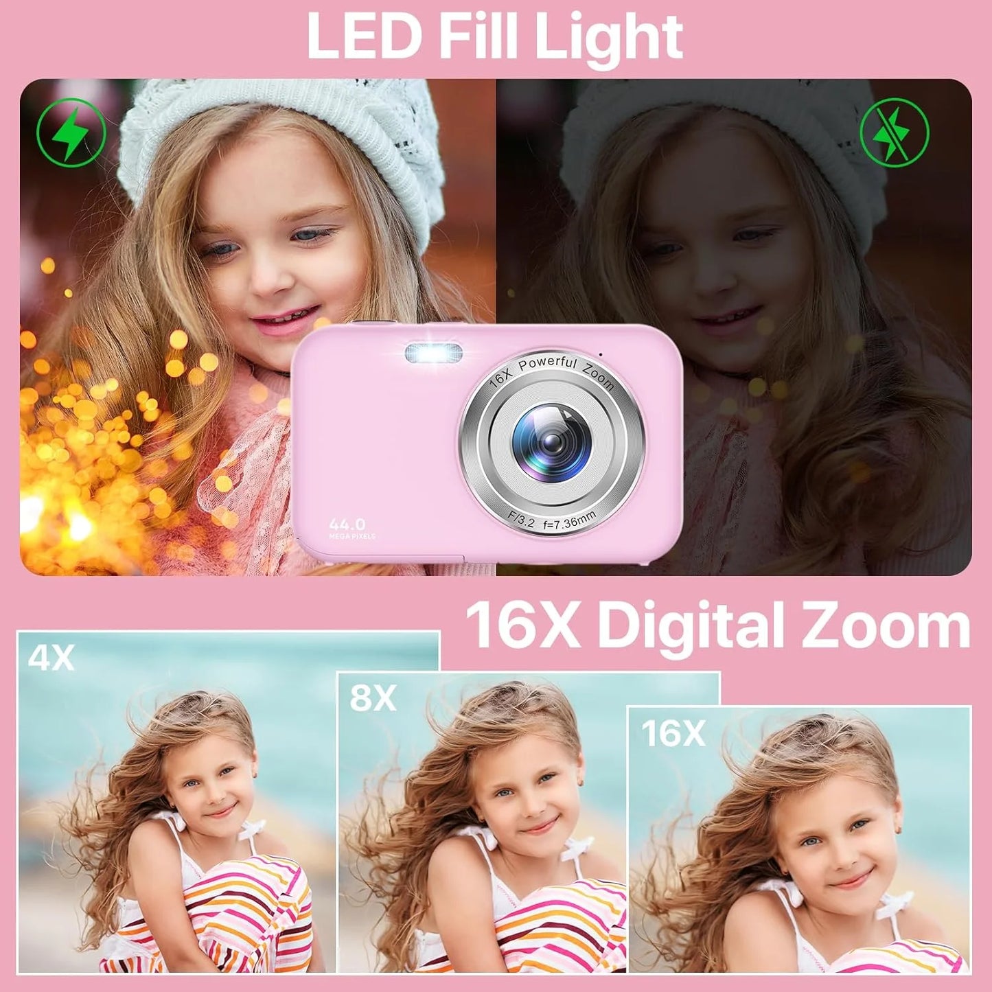 Kids Digital Camera with 32GB Card, FHD 1080P, 44MP Vlogging Capability, 16X Digital Zoom, Portable Design (Pink)