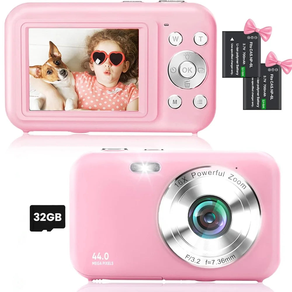 Kids Digital Camera with 32GB Card, FHD 1080P, 44MP Vlogging Capability, 16X Digital Zoom, Portable Design (Pink)