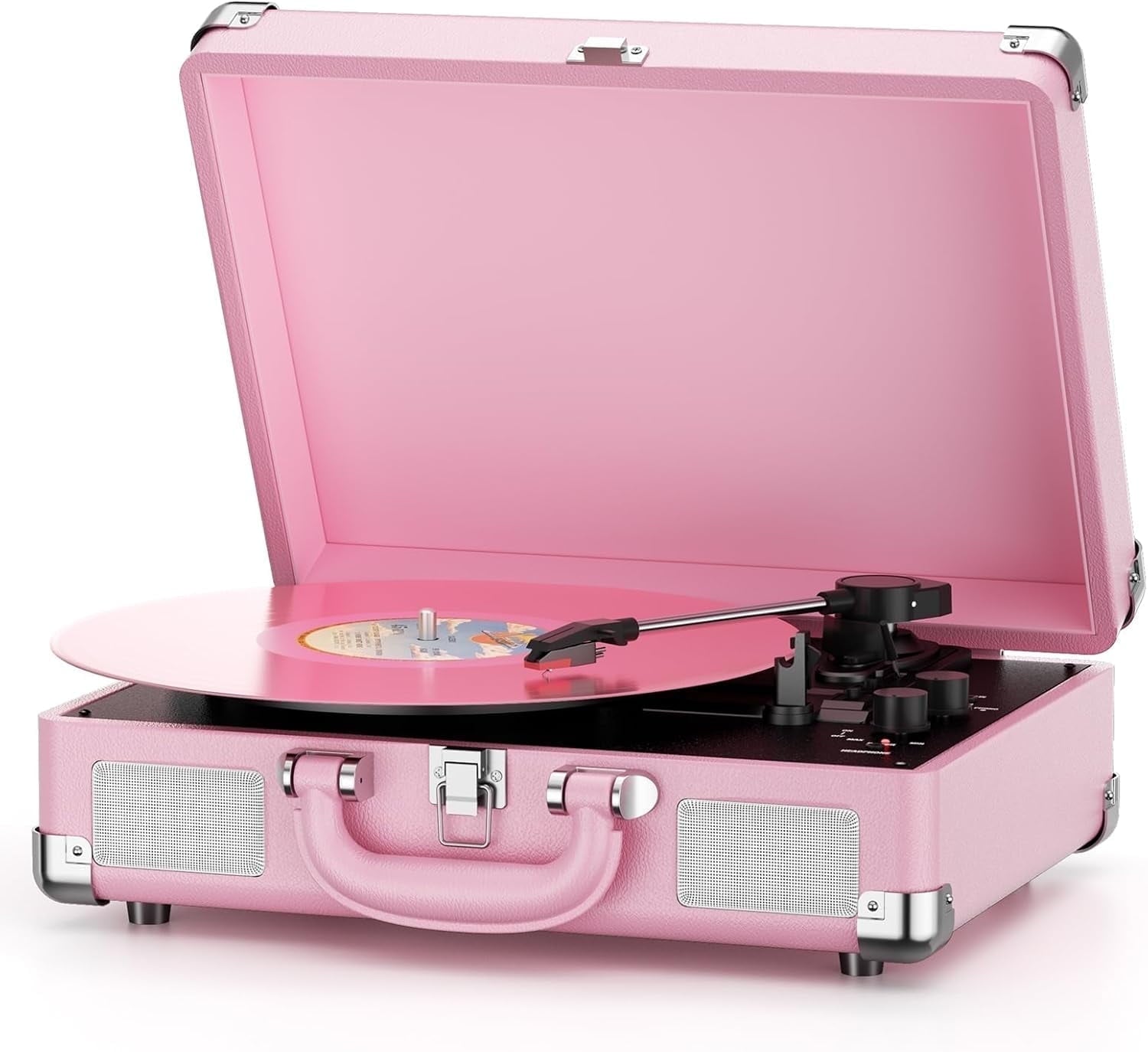 Turntable Record Player 3 Speeds with Built-In Stereo Speakers, Suitcase Design - Pink