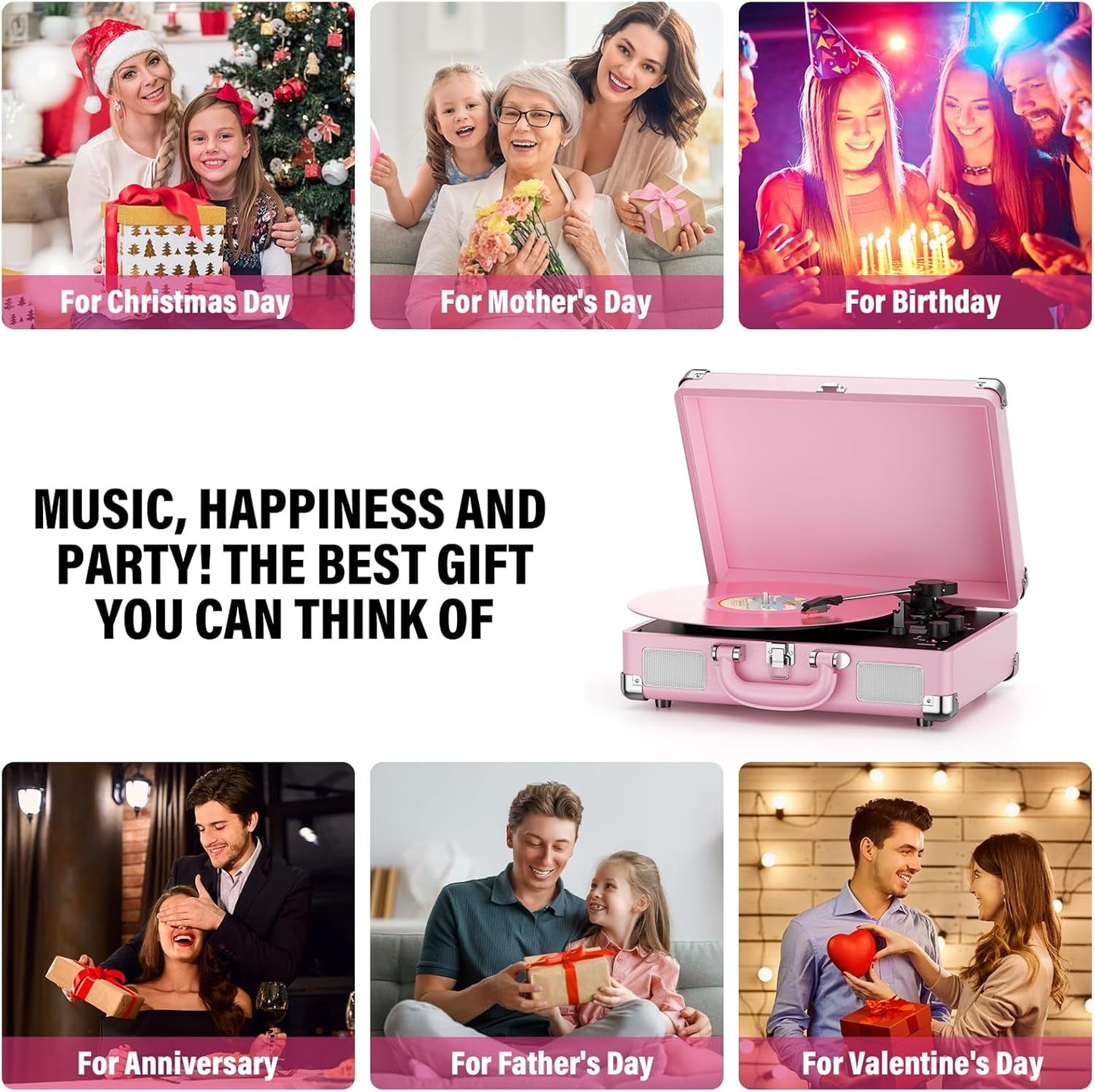 Turntable Record Player 3 Speeds with Built-In Stereo Speakers, Suitcase Design - Pink
