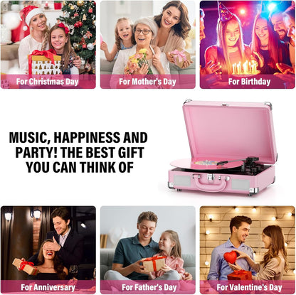 Turntable Record Player 3 Speeds with Built-In Stereo Speakers, Suitcase Design - Pink