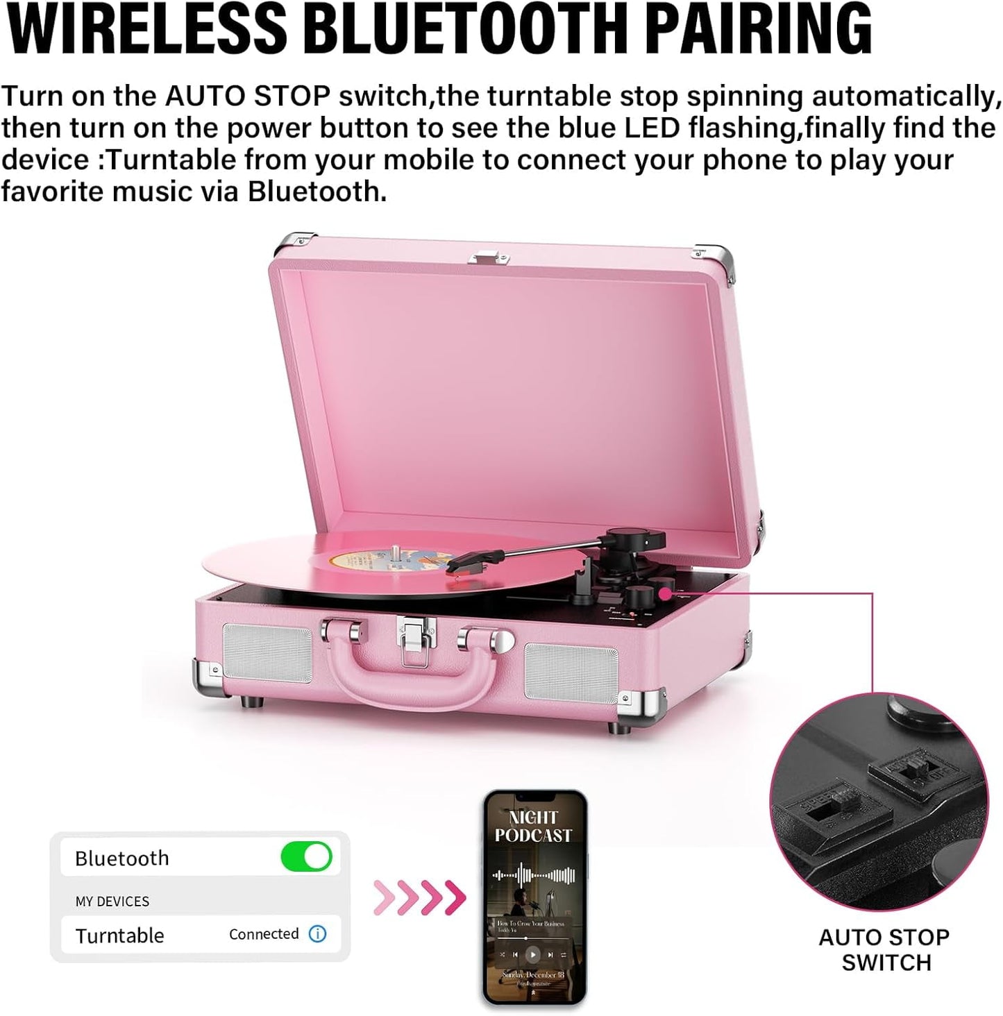 Turntable Record Player 3 Speeds with Built-In Stereo Speakers, Suitcase Design - Pink