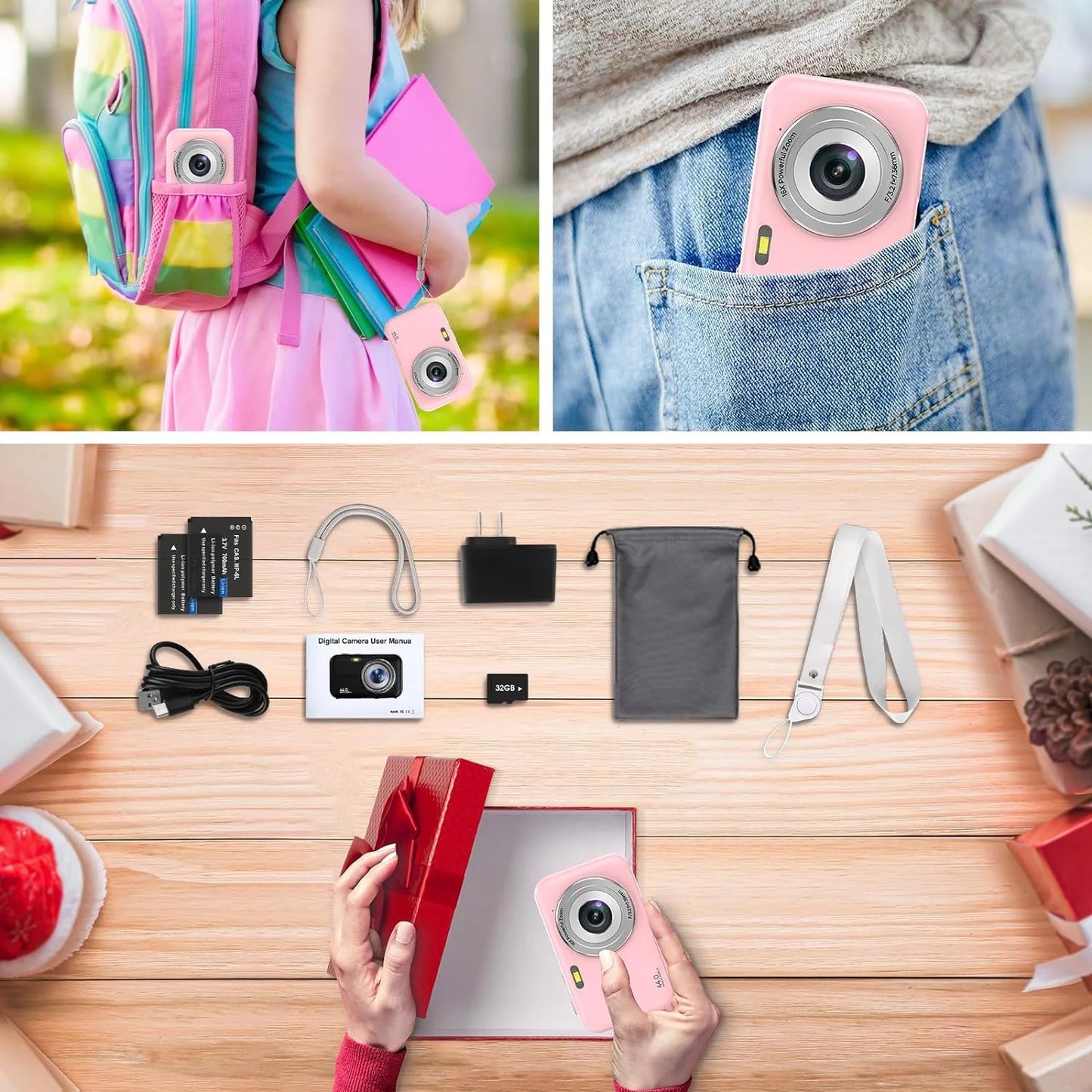 Kids Digital Camera with 32GB Card, FHD 1080P, 44MP Vlogging Capability, 16X Digital Zoom, Portable Design (Pink)