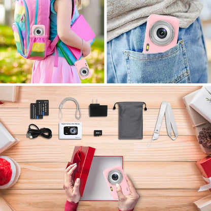 Kids Digital Camera with 32GB Card, FHD 1080P, 44MP Vlogging Capability, 16X Digital Zoom, Portable Design (Pink)