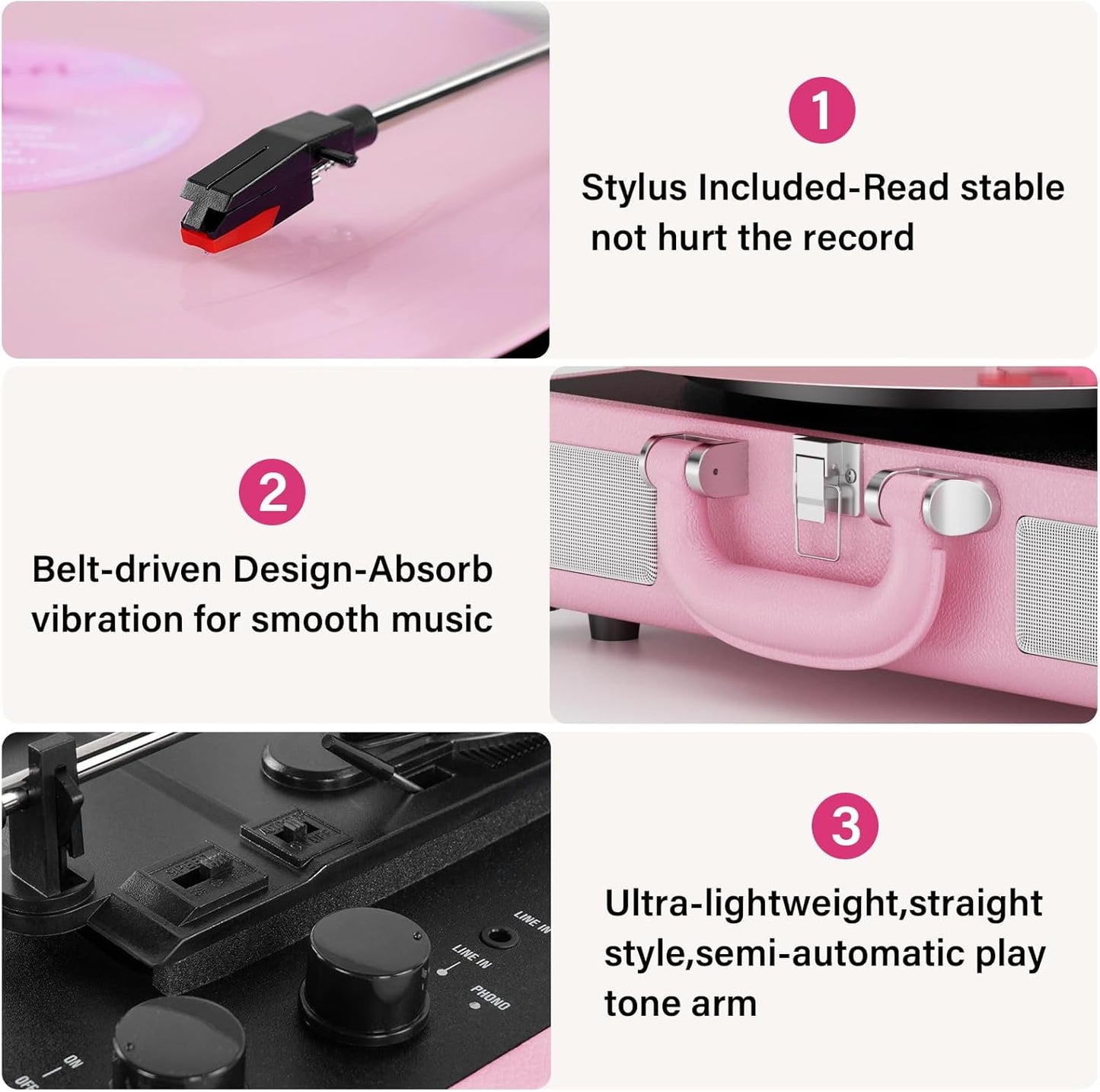 Turntable Record Player 3 Speeds with Built-In Stereo Speakers, Suitcase Design - Pink