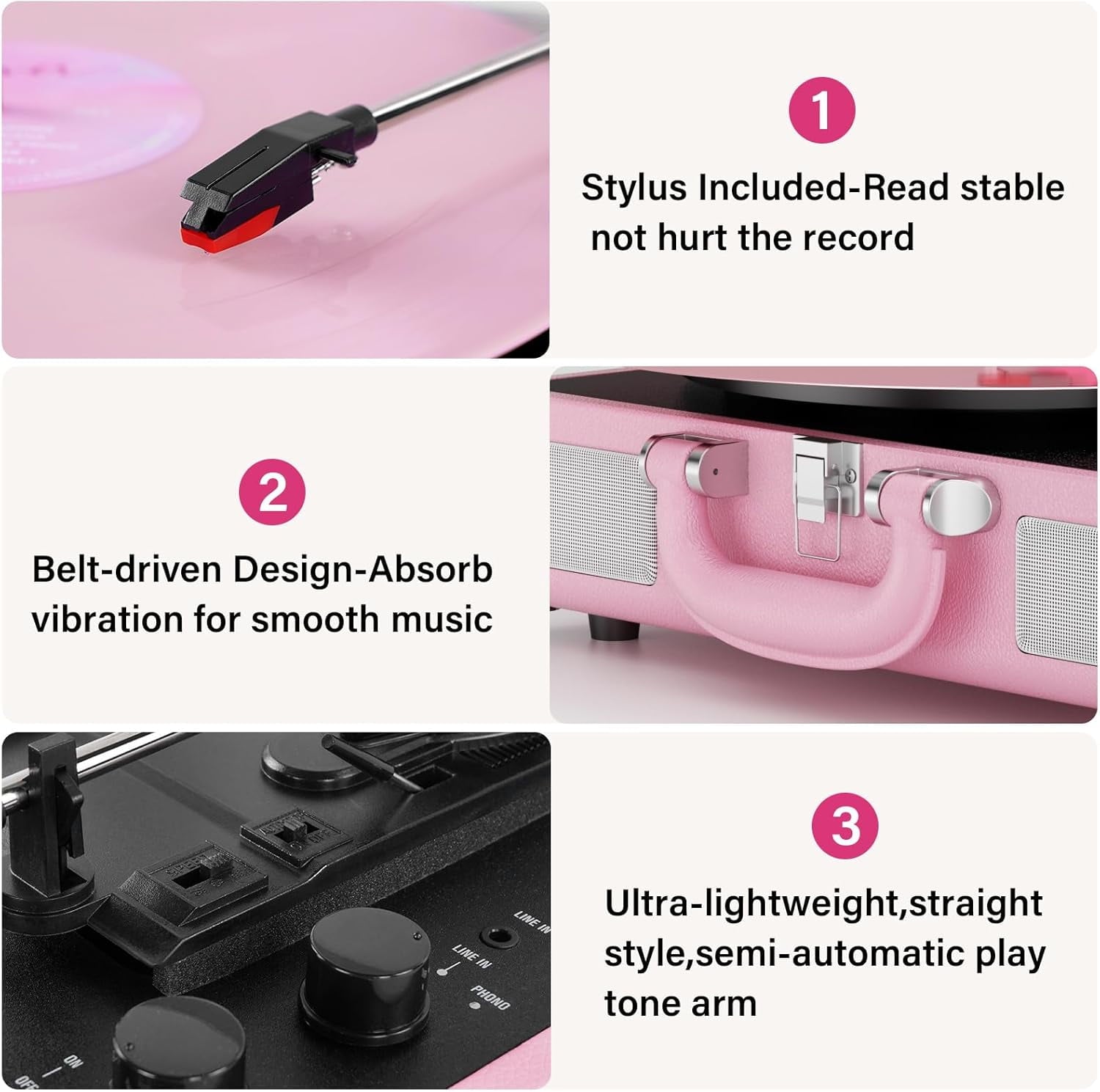 Turntable Record Player 3 Speeds with Built-In Stereo Speakers, Suitcase Design - Pink