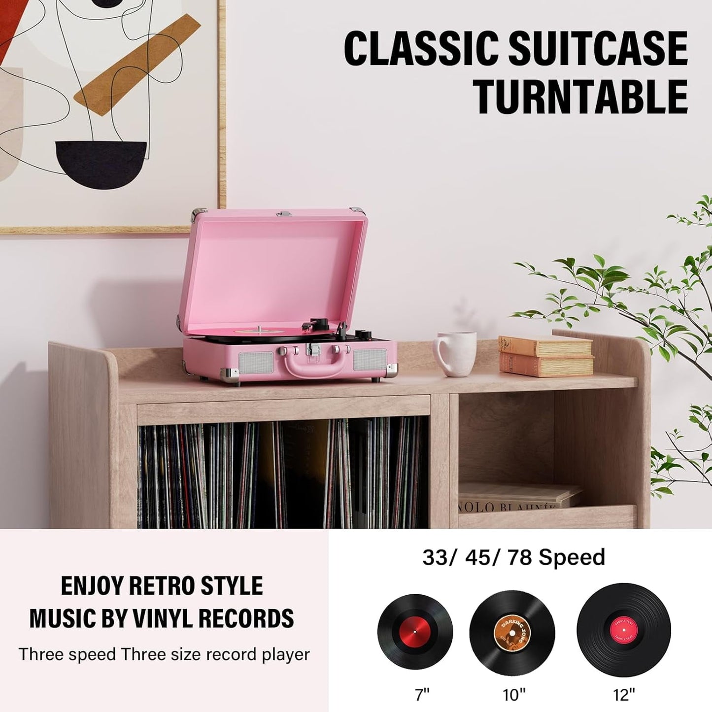 Turntable Record Player 3 Speeds with Built-In Stereo Speakers, Suitcase Design - Pink