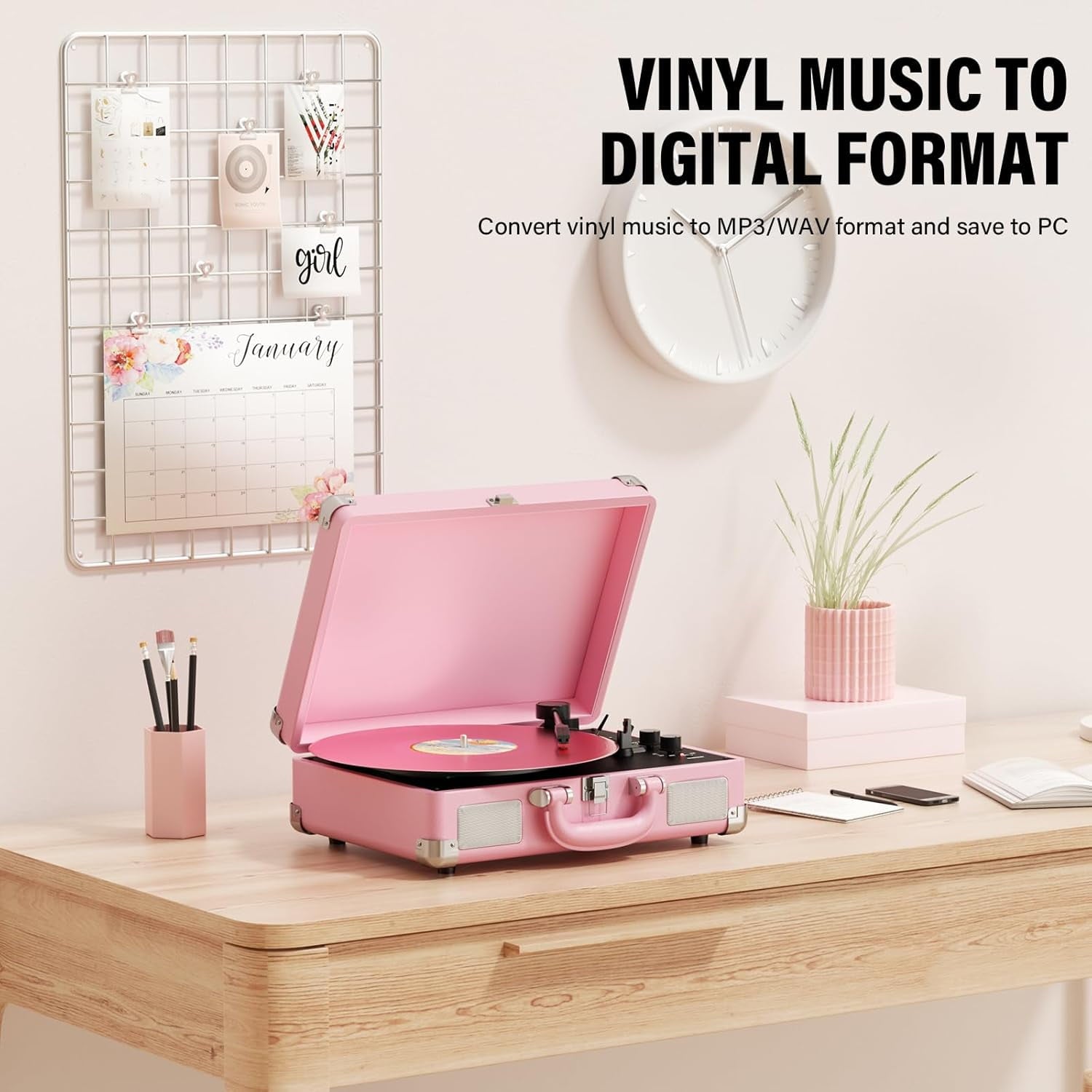 Turntable Record Player 3 Speeds with Built-In Stereo Speakers, Suitcase Design - Pink